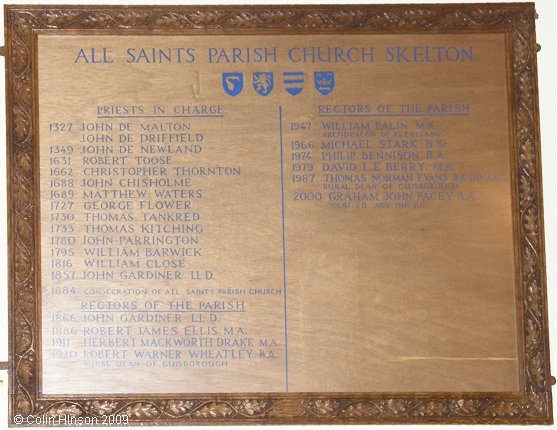 The List of Incumbents in the All Saints Church, Skelton in Cleveland.