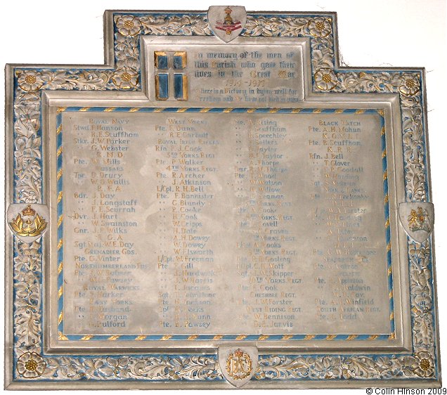 The World War I Memorial plaque in All Saints Church, Skelton in Cleveland.