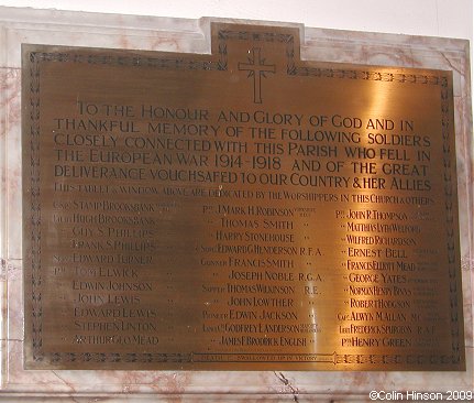 The World War I Memorial plaque in St. John's Church, Sleights.