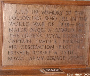 The World War II Memorial plaque in St. John's Church, Sleights.