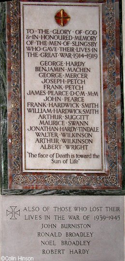 The War Memorial plaques in All Saints Church, Slingsby.