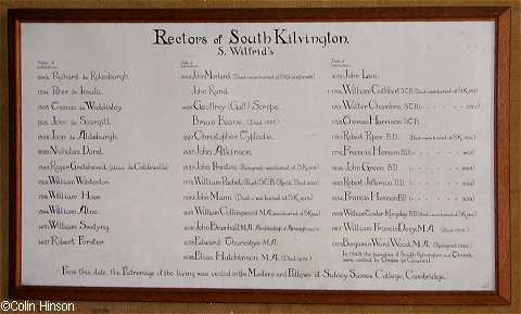The List of Rectors in St. Wilfrid's Church, South Kilvington.
