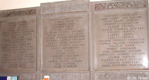 The 1914-1918 War Memorial plaque in St. Oswald's Church, Sowerby.