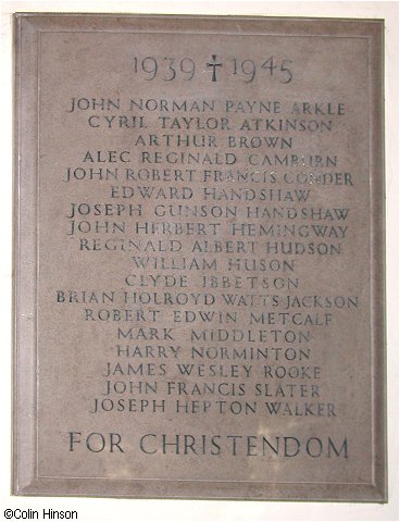 The 1939-1845 War Memorial Plaque in St. Oswald's Church, Sowerby.