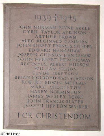The 1939-1845 War Memorial plaque in St. Oswald's Church, Sowerby.
