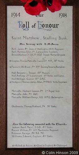 The World War I Roll of Honour in St. Matthew's Church, Stalling Busk.