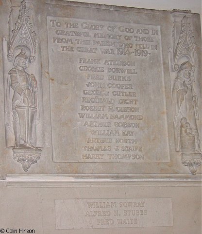 The War Memorial plaques in St. Nicholas's Church, Stillington.