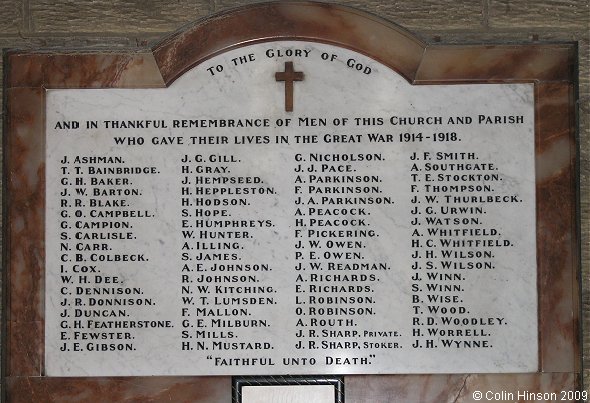 The World War I Memorial plaque in St. Luke's Church, Thornaby on Tees.