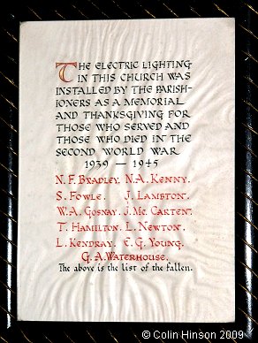 The World War II Memorial Plaque in St. Luke's Church, Thornaby on Tees.