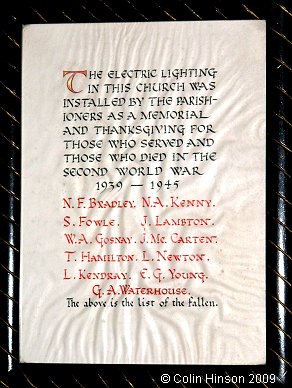 The World War II Memorial plaque in St. Luke's Church, Thornaby on Tees.