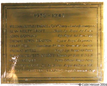 The World War II Memorial plaque in All Saints Church, Thornton Dale.