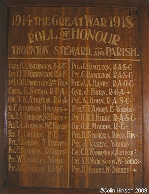 The World War I Roll of Honour in St. Oswald's Church, Thornton Steward.