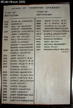 The List of Vicars in St. Oswald's Church, Thornton Steward.