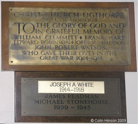 The World War I Memorial plaques in Christ Church, Ugthorpe.