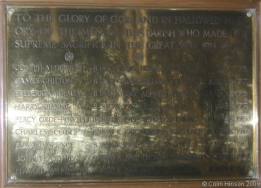 The World War I Memorial Plaque in Holy Trinity Church, Wensley.