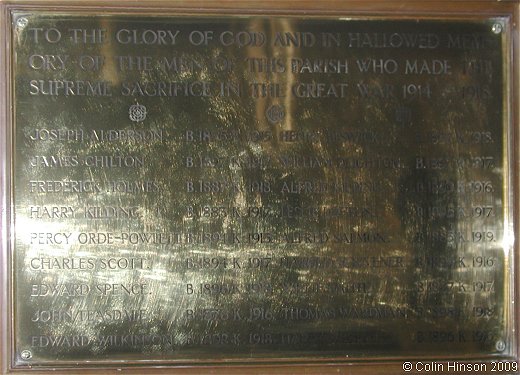 The World War I Memorial plaque in Holy Trinity Church, Wensley.