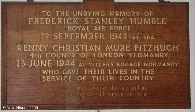 The World War II Memorial Plaque in Holy Trinity Church, Wensley.