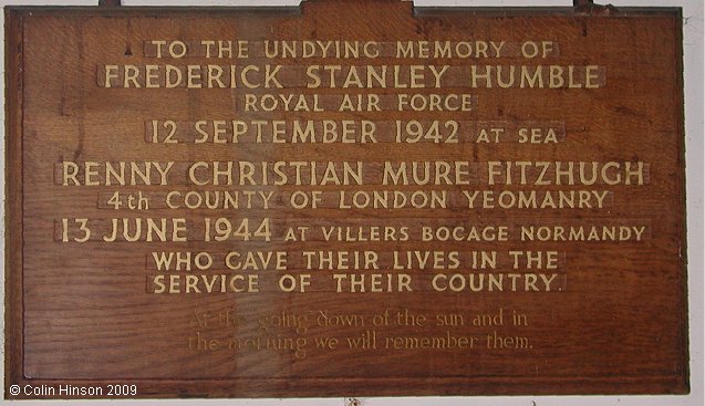 The World War II Memorial plaque in Holy Trinity Church, Wensley.