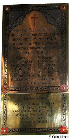 The War Memorial plaque in St. Nicholas's Church, West Tanfield.
