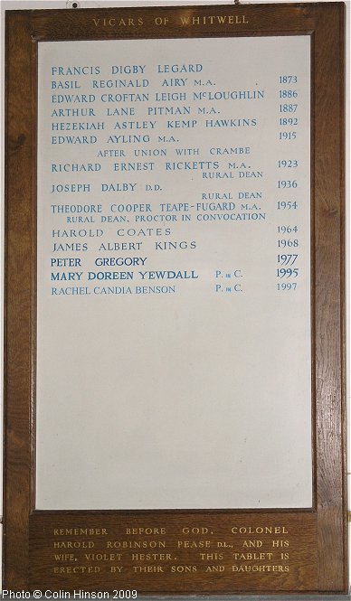 The List of Vicars in St. John's Church, Whitwell on the Hill.