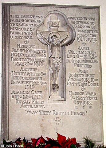 The War Memorial plaque in St. John's Church, Whitwell on the Hill.