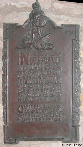 The War Memorial plaque in Holy Trinity Church, Yearsley.