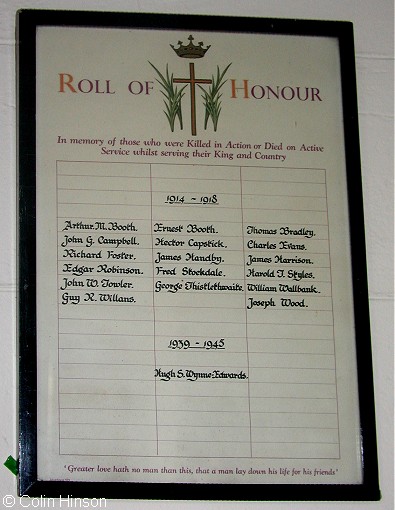 The Roll of honour in the Church at Austwick, for the two World Wars.