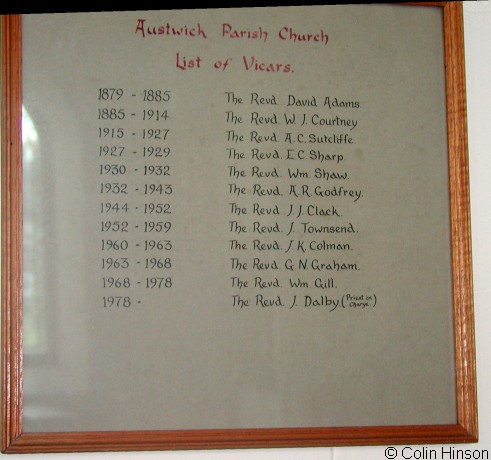The list of Vicars for the Church of the Epiphany at Austwick.