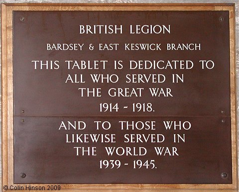 The World War I and II Memorial plaque in All Hallows Church, Bardsey.