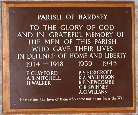 The World War I and II Memorial plaque in All Hallows Church, Bardsey.
