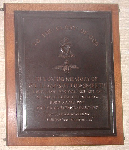 The memorial Plaque  for William Sutton Smeeth at Ben Rhydding; on the inside church wall