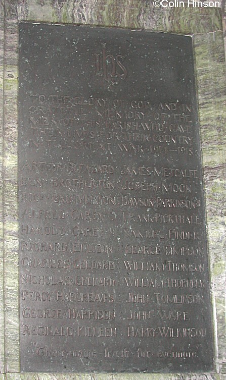 The memorial plaque in the church to those who fell in the 1914-18 war.