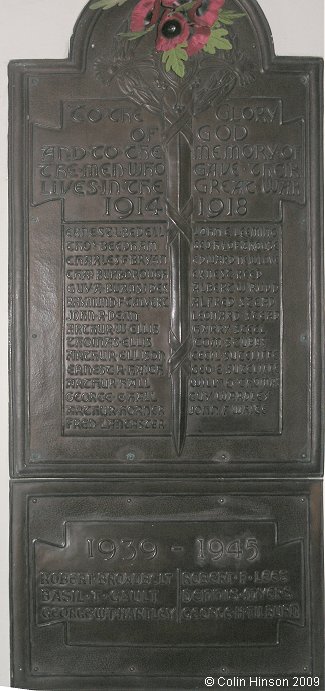 The World War I and II Memorial Plaque in St. James's Church, Boroughbridge.