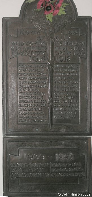 The World War I and II Memorial plaque in St. James's Church, Boroughbridge.