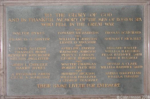The World War I Memorial plaque in St. Mary's Church, Boston Spa.