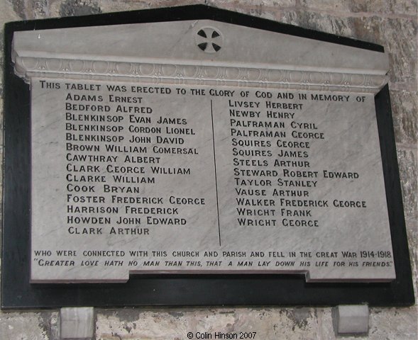The War Memorial plaque of St. Wilfrid's Church, Brayton.