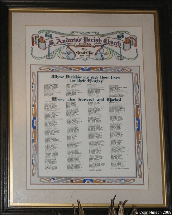 The World War I Roll of Honour in St. Andrew's Church, Bruntcliffe.