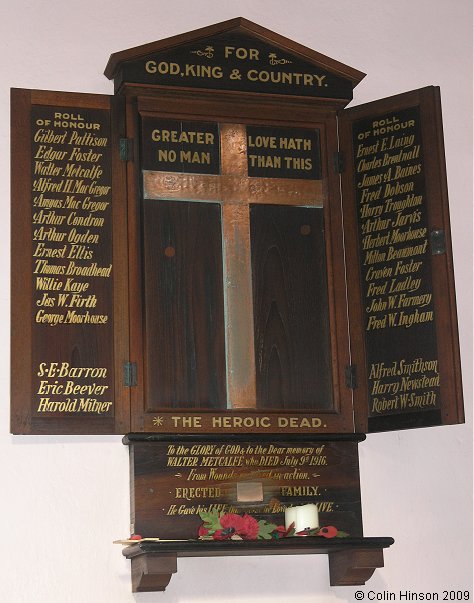 The World War I Memorial plaque in St. Andrew's Church, Bruntcliffe.