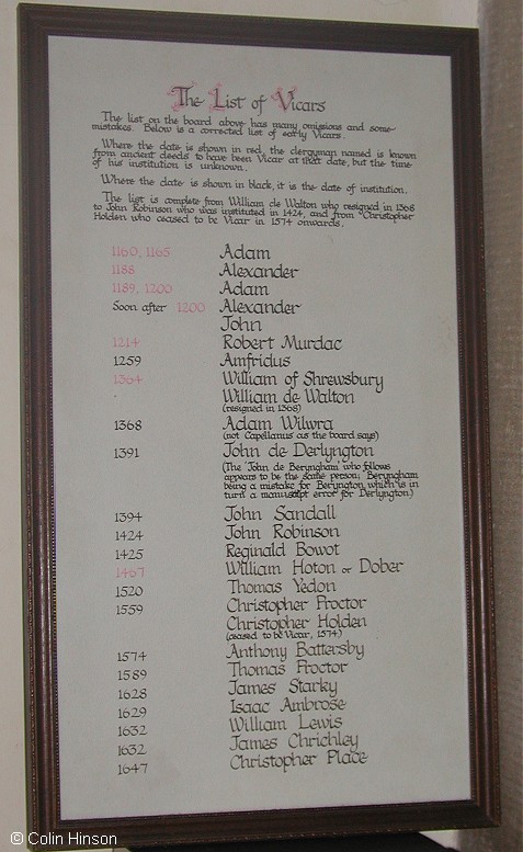 The list of Vicars in St James's church at Clapham.