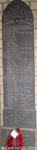 Photograph of the World War I Memorial plaque in the White Chapel porch, Cleckheaton.