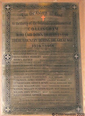 The World War I Memorial Plaque in St. Oswald's Church, Collingham.