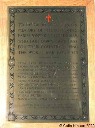 The World War II Memorial Plaque in St. Oswald's Church, Collingham.