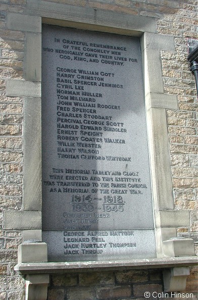 The War Memorial Plaque on the side of the Institute at Cononley.