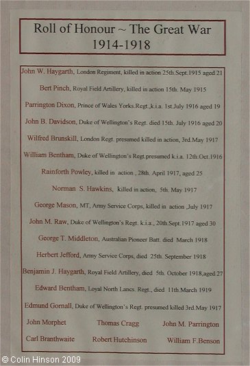 The World War I Memorial plaque in St. Andrew's Church, Dent.
