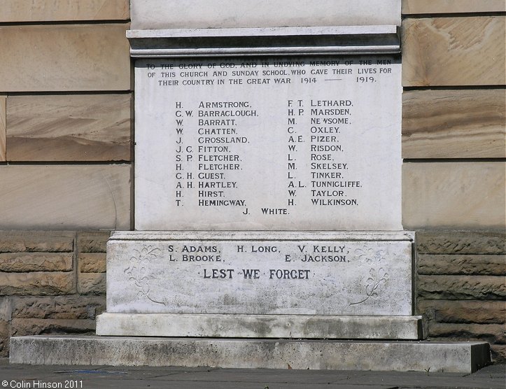The World War I Memorial plaque on the wall of the Central Methodist Church, Dewsbury.