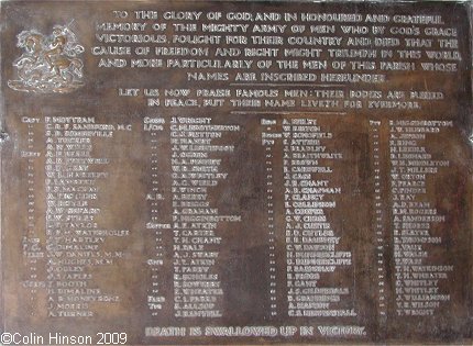 The World War I Memorial Plaque in St. George's Church, Doncaster.