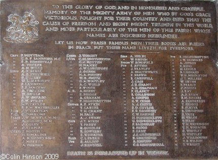 The World War I Memorial plaque in St. George's Church, Doncaster.