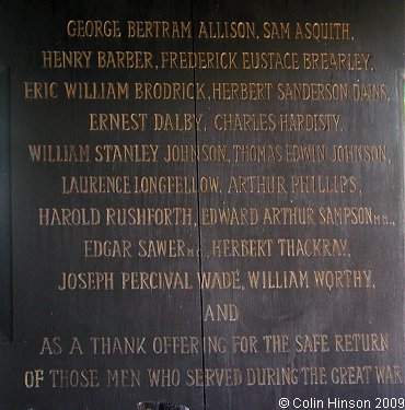 The World War I Memorial plaque at St. Mary's Church, East Keswick.