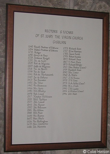 The list of Rectors of St. Mary's Church, Gisburn.
