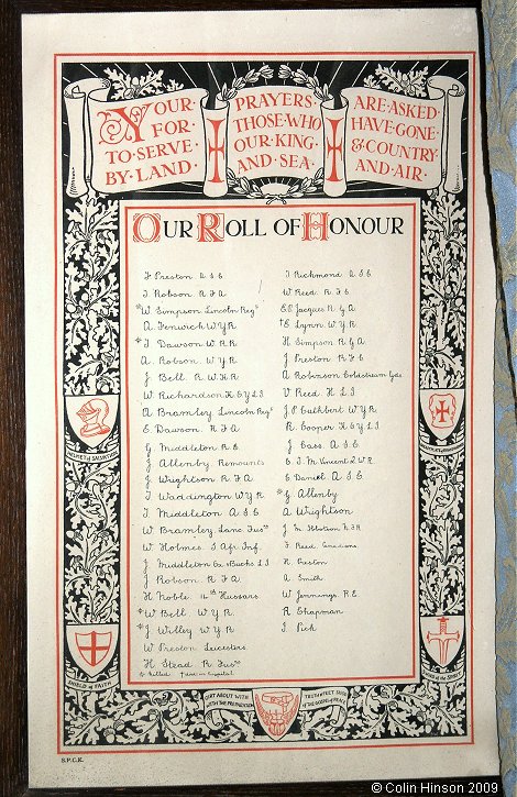 The World War I Roll of Honour in St. Mary's Church, Great Ouseburn.